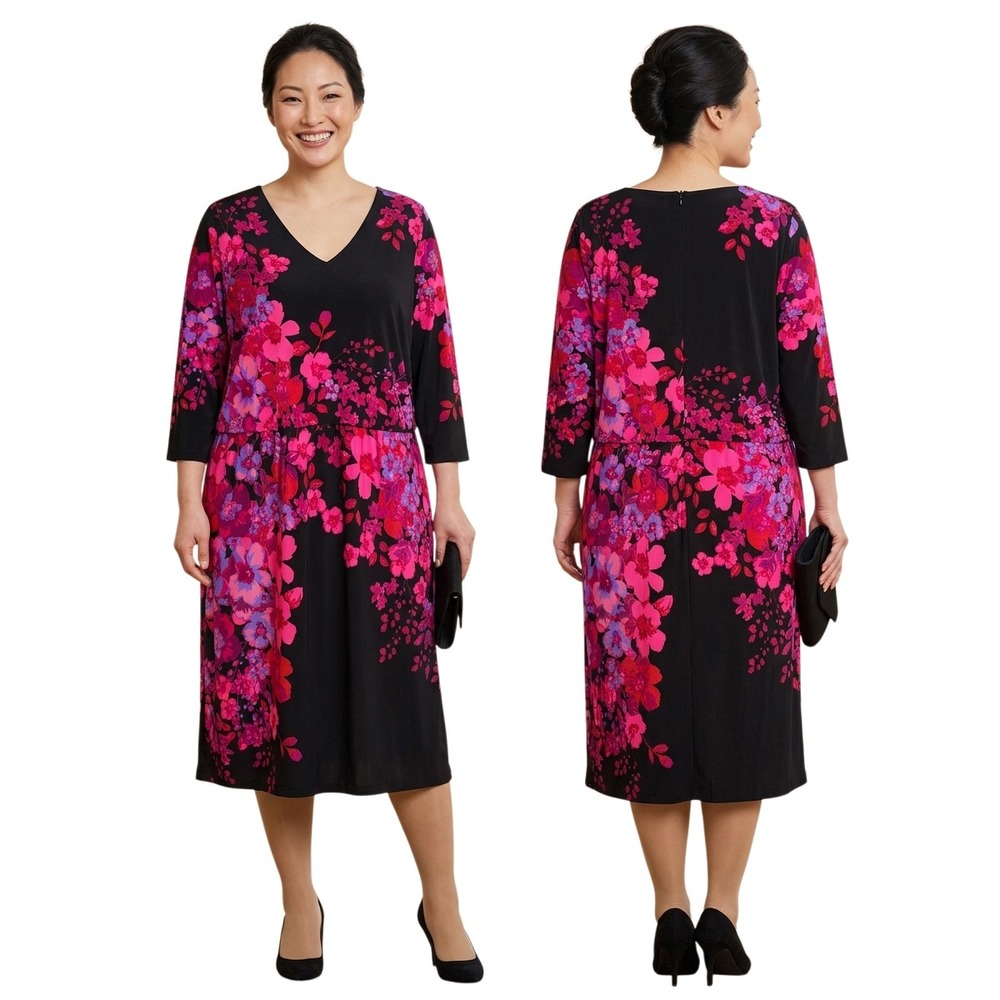 London Times Woman Floral V-Neck Midi Dress Black Pink 18W Feminine. Party. NEW